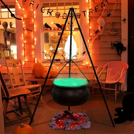 1pc Creepy Black Witch's Plastic Cauldron on Tripod with Green Glow