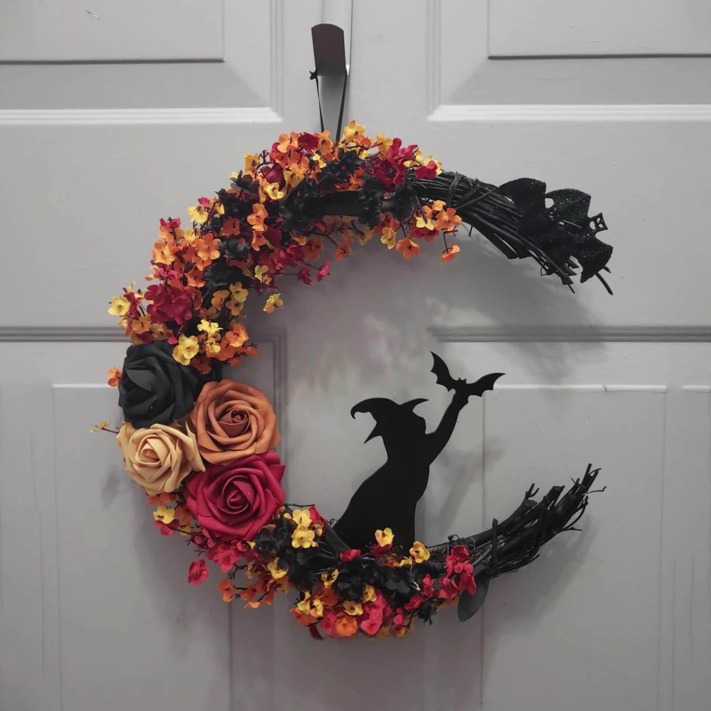 Gothic Halloween Wreath with Witch and Moon Silhouette