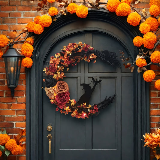 Gothic Halloween Wreath with Witch and Moon Silhouette