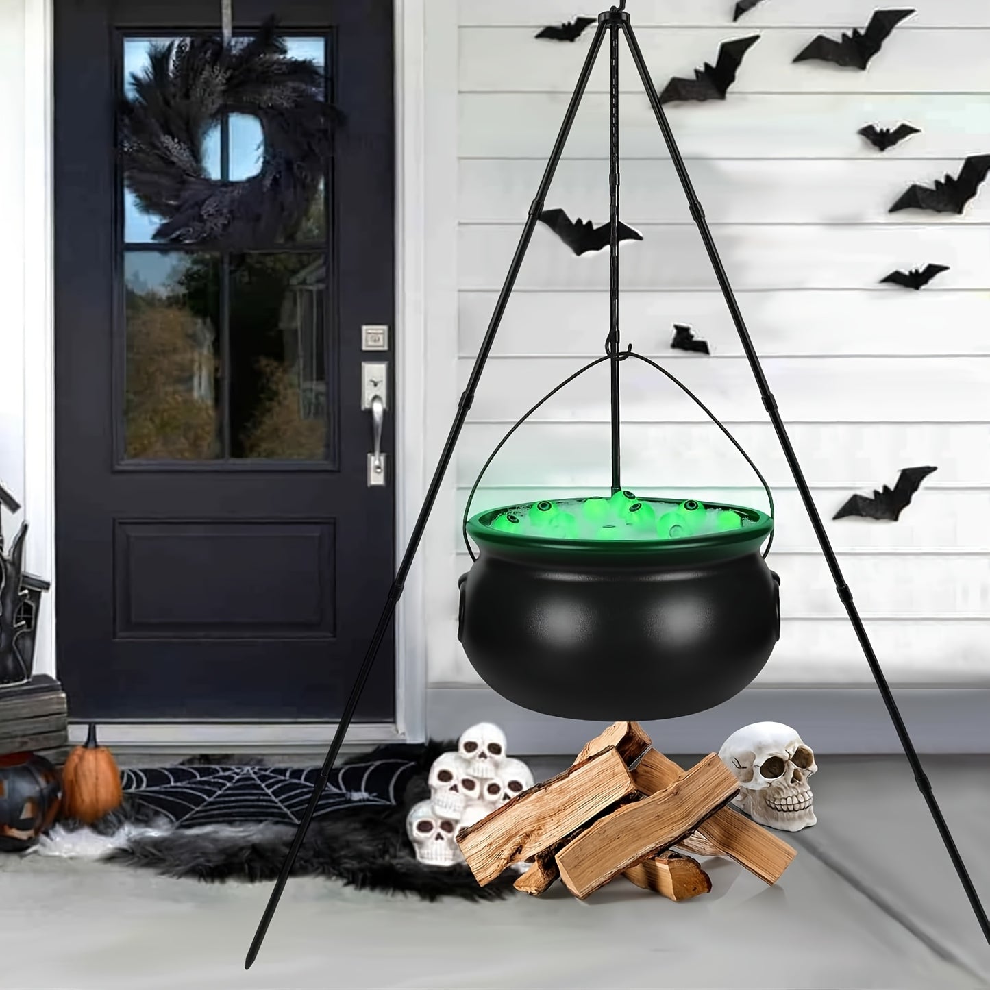 1pc Creepy Black Witch's Plastic Cauldron on Tripod with Green Glow