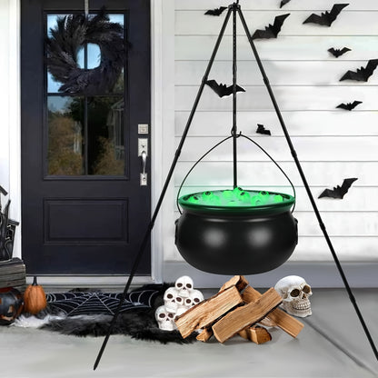 1pc Creepy Black Witch's Plastic Cauldron on Tripod with Green Glow