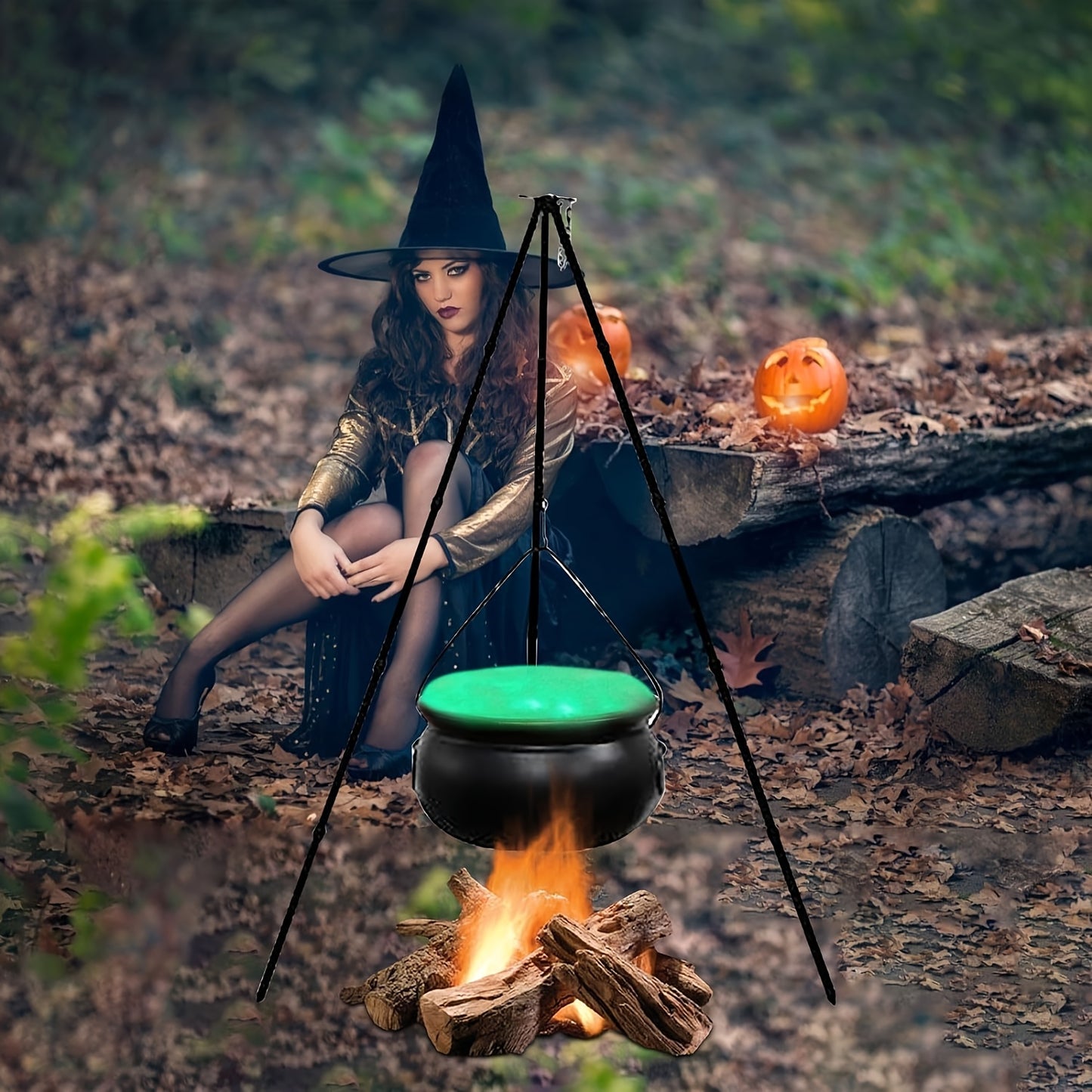 1pc Creepy Black Witch's Plastic Cauldron on Tripod with Green Glow