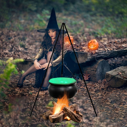 1pc Creepy Black Witch's Plastic Cauldron on Tripod with Green Glow