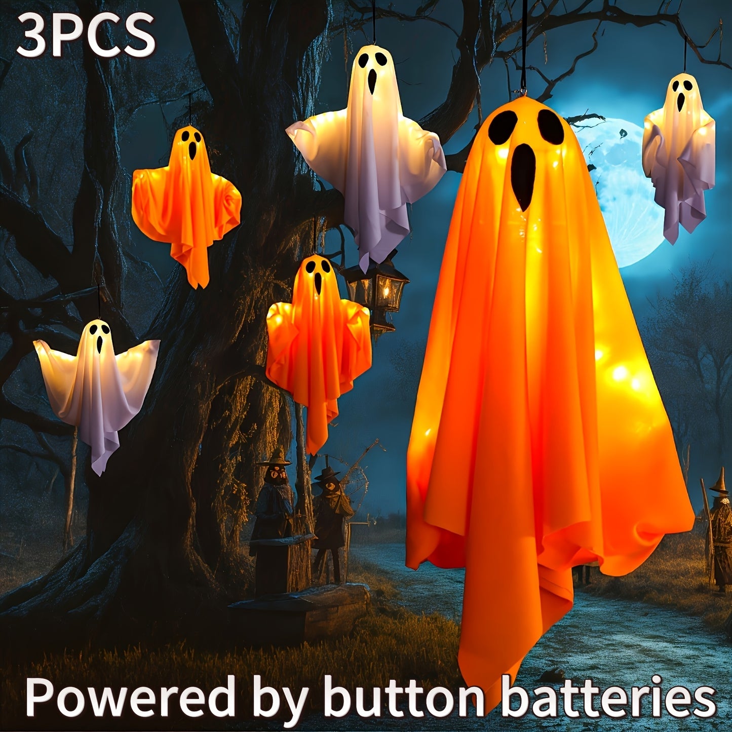 3pcs Halloween LED Orange Ghost Lights