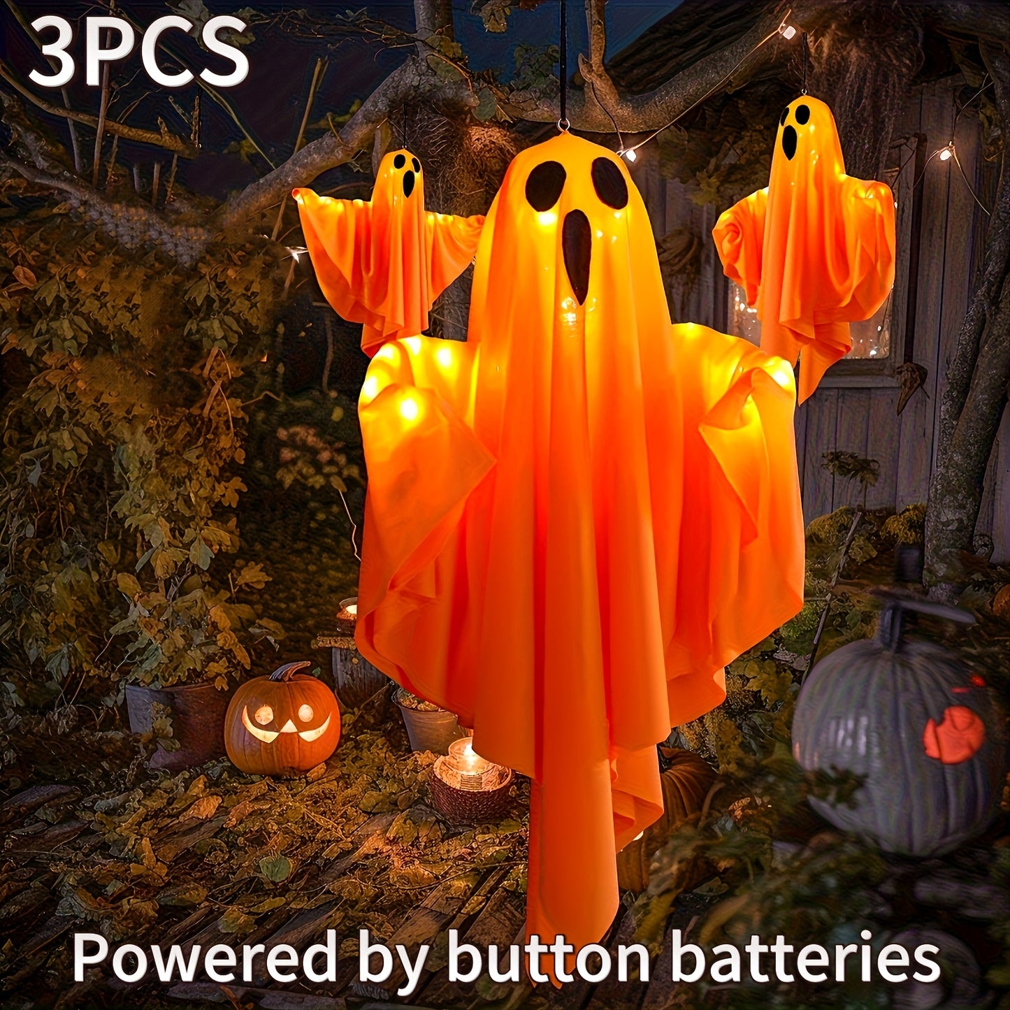 3pcs Halloween LED Orange Ghost Lights