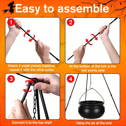 1pc Creepy Black Witch's Plastic Cauldron on Tripod with Green Glow
